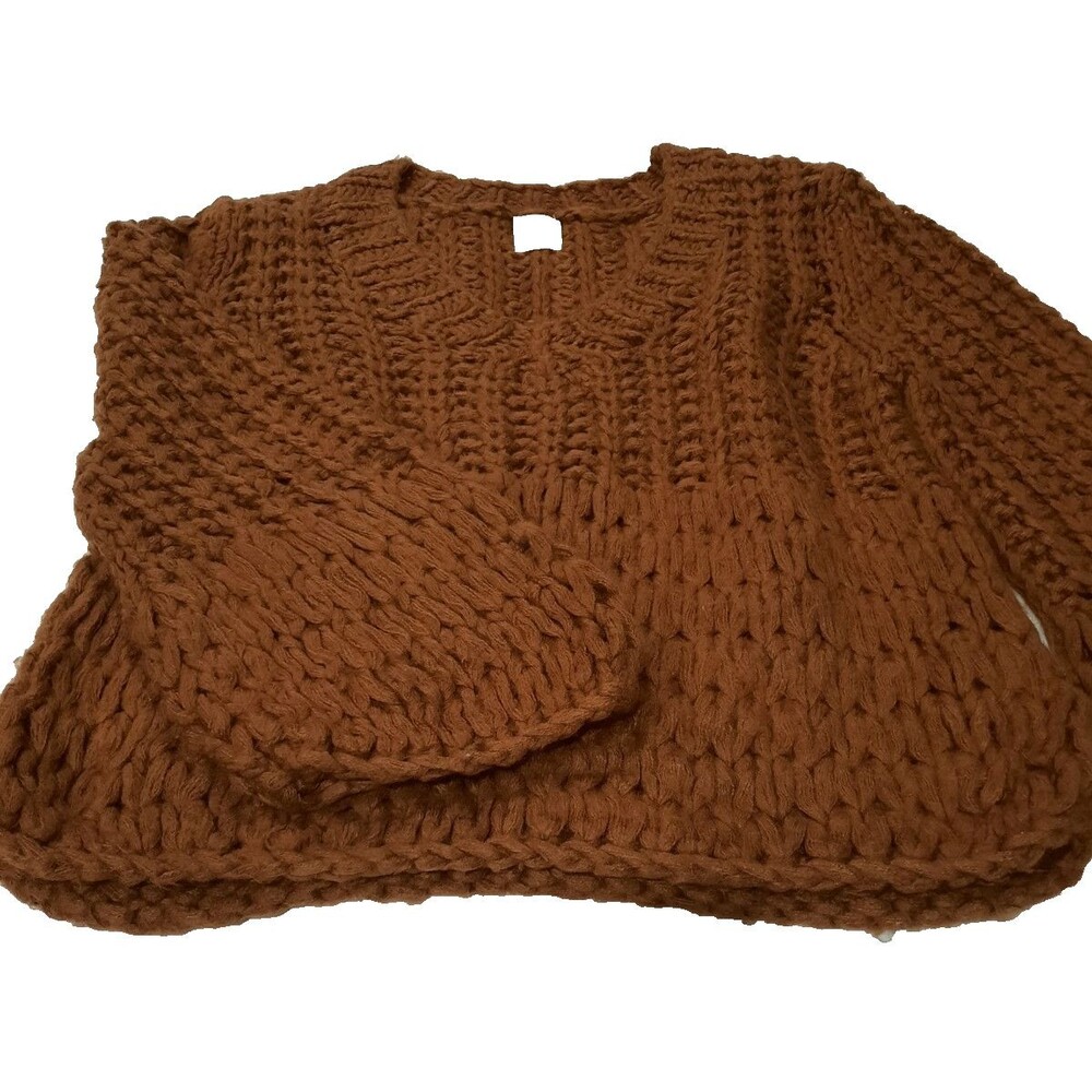 Free People MAP Chunky Knit Cropped Sweater Rust Camel Brown Women’s Large